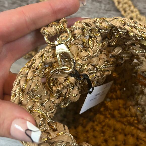 NWT Boks & Baum Woven Raffia Crossbody Bag Gold Lurex Turquoise Detail - Picture 4 of 10